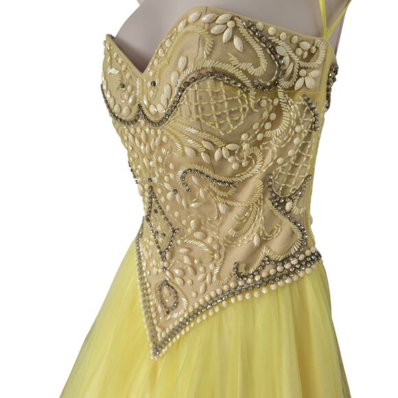Mac Duggal Yellow Corset Beaded Ball Gown Rhinestones Satin Tulle Sz 0 - Picture 4 of 15